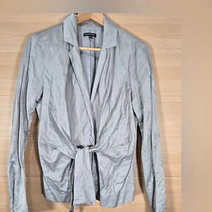 Eileen Fisher Notch Collar‎ Front Tie Jacket Steel Satin Size Small Crinkled